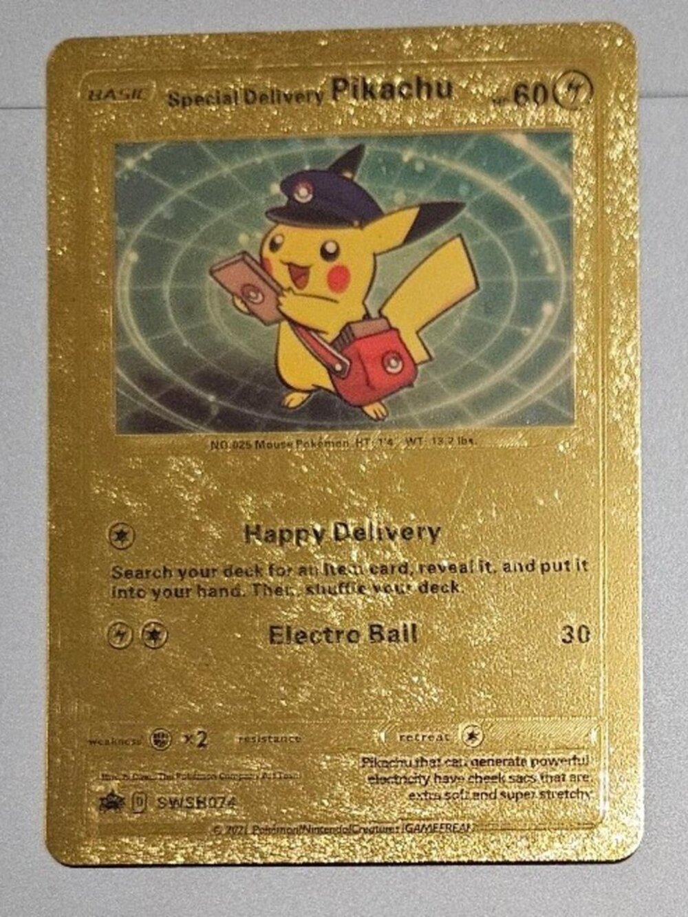 Pikachu Happy Delivery Gold Metal Foil Pokemon Card Fan Art Display Card